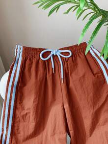 Comfortcana 女士时尚休闲红棕色侧条纹松紧腰宽松运动裤 - 紅木色 - 查看 3