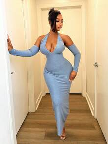 BamGleam Women's Solid Color Backless Hollow-Out Sexy Long Sleeve Dress - Blue - View 5