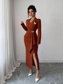 Elenzga Váy dài tay thêu họa tiết bướm nâu cài nút kim loại xếp ly, kiểu Pháp thanh lịch tinh tế cho quý cô công sở, váy ôm eo thon gọn mùa thu/đông - Rỉ Nâu - Xem 3