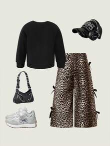 SHEIN 2pcs Baby Girl Casual Commuter Fashion Slogan Leopard Print Letter Sweatshirt And Bow Decor Elastic Waist Loose Wide Leg Pants Set Fall Winter - Black - View 2