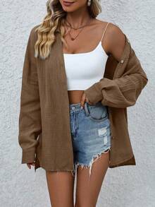EMERY ROSE Women's Casual Loose Fit Drop Shoulder Long Shirt, Solid Color, Versatile, Spring/Autumn - Coffee Brown - View 6