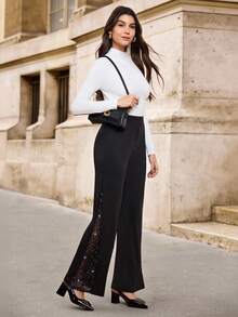 EMERY ROSE Quần ống đứng bó lưới và kim tuyến thanh lịch màu đen dành cho nữ, phù hợp để đi làm, mặc thường ngày và mặc hàng ngày, mùa xuân/hè - màu đen - Xem 6