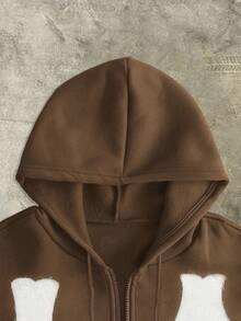 INAWLY SHEIN Bubbli 女式休闲洛杉矶贴片抽绳连帽运动衫，秋冬 - 棕色 - 查看 5