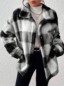 INAWLY Plus Size Casual Colorblock Plaid Fuzzy Jacket, Autumn/Winter - Black - View 4