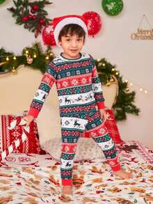 SHEIN Young Boy Minimalist Christmas Festive Pattern Long Sleeve Snug Fit Top And Pants Pajama Setsnug Fit" Kids Christmas Pajama Family Christmas Pajamas Fall Winter - Multicolor - View 5