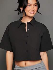 WESTFADE 100% Cotton Casual Cropped Button-Up Boxy Shirt - Black - View 6