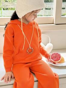 SHEIN Young Girls Casual Hooded Long Sleeve Sweater & Knit Pants Set Autumn Winter Clothes FoGirlen - Rust Brown - View 1