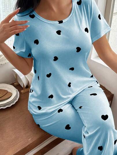 Heart Print Short Sleeve Pajama Set Sets Women Pyjama Woman Schattige Sleep Wear Round Neck view 6