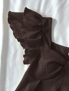 SHEIN 少女夏日阳光甜美休闲舒适荷叶边袖提花针织T恤，家居服，可爱，适合派对、情人节 - 棕色 - 查看 5