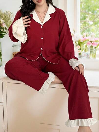 Snug Reverie ملابس علوية وبنطلون بيجاما مجموعة من قماش الشيفون المنفوش ذو لونين مع رقبة قلابة وأكمام طويلة، ملابس مريحة للخريف والشتاء، مقاسات كبيرة