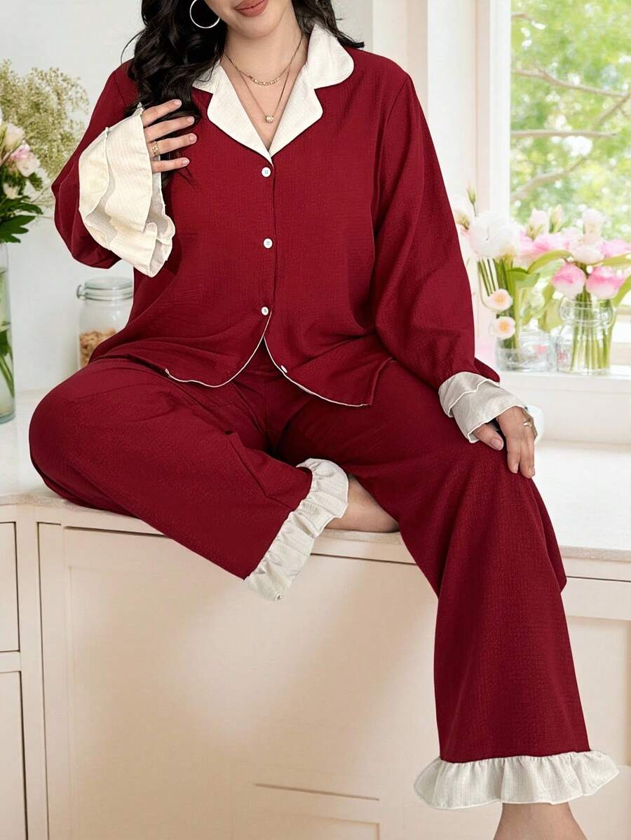 Snug Reverie Plus Size Two-Tone Ruffle Splice Bubble Chiffon Lapel Long Sleeve Top & Pants Pajama Set, Cozy Outfits, Fall Winter Clothes - Burgundy - View 1