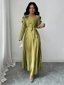 Selianne 女士优雅橄榄绿色连衣裙，斜领，褶皱紧身胸衣，系带腰部和 A 字裙，长袖，适合万圣节、圣诞节、感恩节、新年派对 - 綠色 - 查看 6