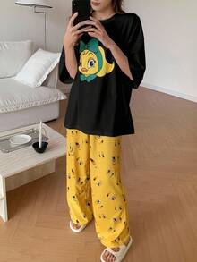 DAZY 可愛卡通圖案寬鬆夏季T恤和褲子睡衣套裝