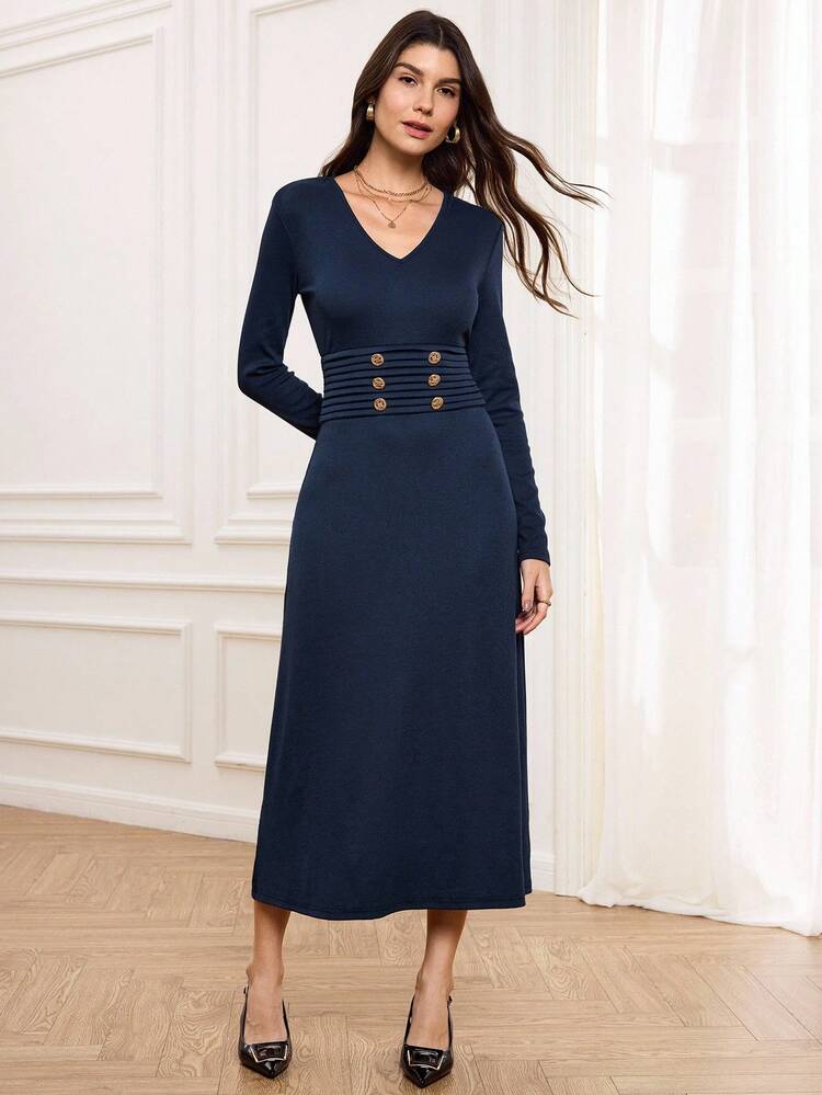 2025 Autumn And Winter New Elegant Casual Slim Olive Green V-Neck Long-Sleeved Metal Button Decorated Women Sweater Dress, Suitable For Business Casual Woman,Parties And Daily Outings,Halloween,Christmas, Night Out,Wedding Guest Dress,Birthday Dress,Brunch Outfits For Women,Daily Outings,Teacher Outfits -A,Cozy Fall And Winter Clothes For Women