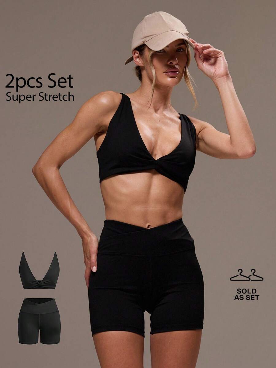 Musera Sport 女士纯色运动套装,健身 - 黑色 - 查看 1