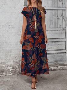 EMERY ROSE 感恩节叶子图案百搭女式连衣裙，复古花卉印花加大码连衣裙 - 彩色 - 查看 5