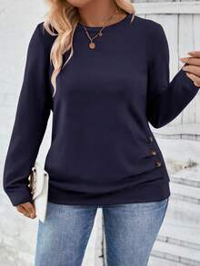 EMERY ROSE Plus Size Casual Round Neck Long Sleeve Button Hem T-Shirt Fall - Navy Blue - View 1