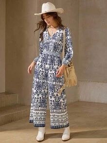 Wildy 女式全印花休闲长袖束腰阔腿连体裤 - 藍白色 - 查看 4