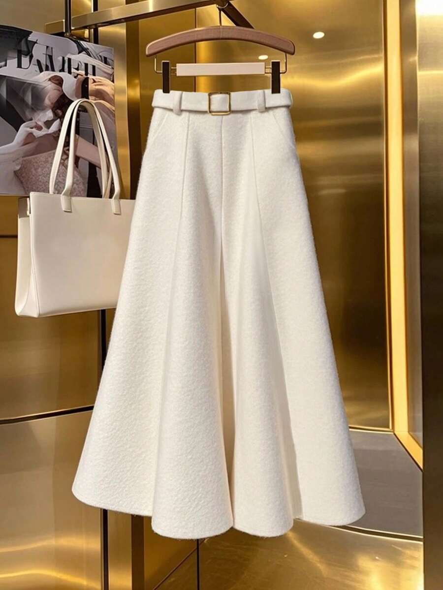 Franclia 新款秋冬加厚羊毛中长款高腰修身女裙 - 杏色 - 查看 1