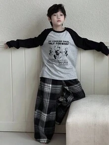 Dazy Kids Tween Boy Contrast Color Patchwork Cartoon Slogan Print Long Sleeve Top & Plaid Pants Pajama Set - Grey - View 5