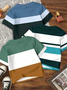 3 Stücke/Set Baby Jungen Lässig Kurzarm Stylisch Cool Klassisch Farbblock Patchwork Grafik Muster Rundhals T-Shirts, Campus Stil geeignet für den Sommer