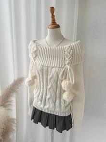 Comfortcana 女士休闲纯色露肩交叉带毛衣，秋冬 - 米色 - 查看 4