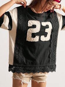Bohemela Áo thun nữ tay ngắn cổ tròn, dáng rộng, màu trơn, họa tiết ren vá, phong cách Boho Vintage Casual - Đen và trắng - Xem 3