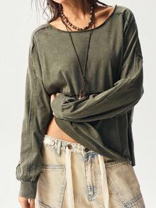 Bohemela Autumn Boho Music Festival Halloween Casual Solid Color Knit Crew Neck Long Sleeve Loose Washed Women T-Shirt