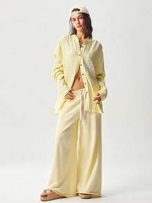 Bohemela Autumn Boh Music Festival Halloween Casual Solid Color Knit Loose Women Pants - Butter Yellow - View 1