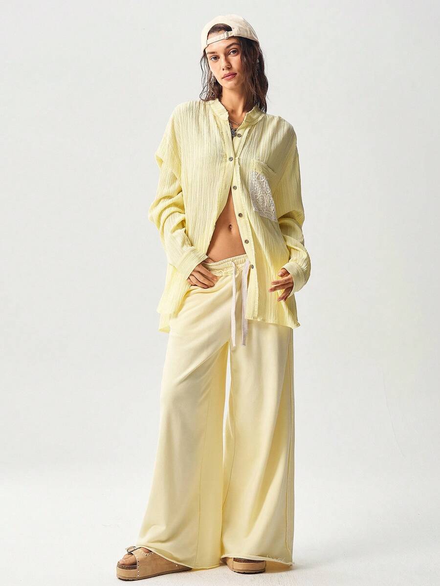 Bohemela Autumn Boh Music Festival Halloween Casual Solid Color Knit Loose Women Pants - Butter Yellow - View 1