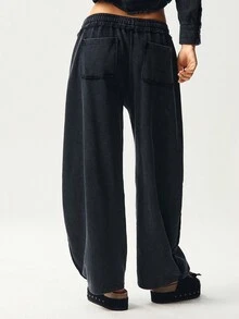 Bohemela 女士休闲纯色针织宽松阔腿运动裤 - 黑色 - 查看 7