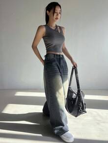 DAZY Women's Loose Fit Wide Leg Jeans With Distressed Detail,Baggy Jeans - Dark Wash - View 2