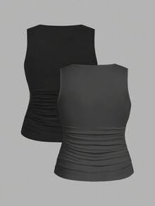 SHEIN Comfortcana 2pcs Casual Solid Color Versatile Fitted Camisole Vest Top, Suitable For Plus Size Women In Summer & Autumn - Multicolor - View 2