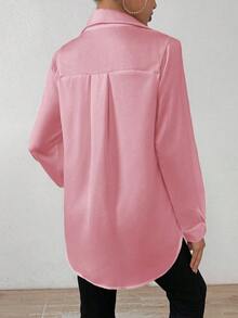 SHEIN PETITE Women's Solid Color Satin Simple Shirt With Asymmetric Hem - Pink - View 2