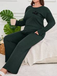 EURMUSE 100%Cotton 2Pcs Plus Cotton Slogan Printed Long Sleeve Shirt And Long Bottom PJ Set Womens Pajama Set Womens 2 Piece Pajama Set Womens Sleepwear Set Womens Lounge Set - Army Green - View 4