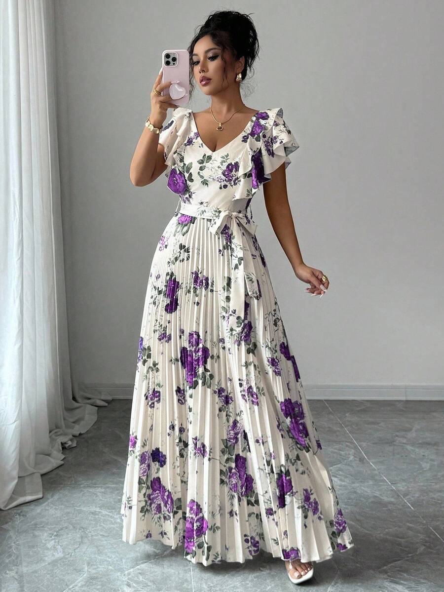 Elenzga V-Neck Digital Print Vacation Style Ruffle Waist Flared A-Line Elegant Romantic Ladies Dress - Multicolor - View 1