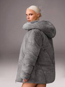 CasuGlow Áo khoác mùa đông chi tiết lông giả màu trơn cho nữ - Xám - Xem 3