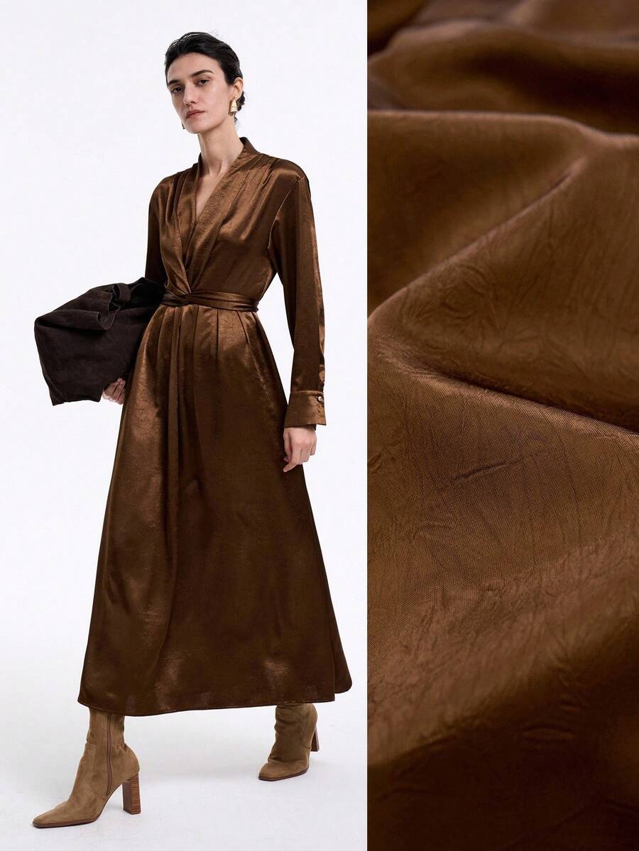 Aalyst 女士优雅时尚通勤休闲舒适迷人复古温柔高端浪漫假日长袖 V 领前交叉系带褶边纹理缎面设计纯色连衣裙 - 棕色 - 查看 1