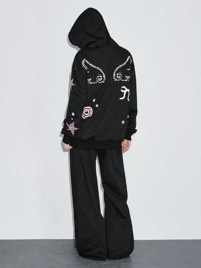 2 pièces Ensemble Sweat-shirt-shirt et pantalon de jogging ample, mignon et doux, avec étoiles, nœud papillon et ailes, pour femmes