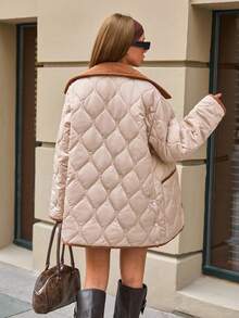 EURMUSE 休闲风格，灯芯绒滚边和衣领细节绗缝冬季外套 - 米色 - 查看 2