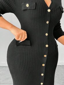 SHEIN Elenzya Plus Size Elegant Commuter Color Block Collar Button Front Knit Dress
