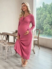 SHEIN Maternity Solid Lace Trim V-Neck Tie Front Long Sleeve Dress, Textured Fabric, Spring/Autumn - Watermelon Pink - View 6