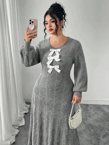 Modelyn 大码女式优雅蝴蝶结圆领长袖毛衣裙 - 灰色 - 查看 5
