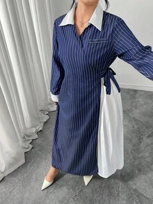 Modelyn Plus Size Women Elegant Striped Patchwork Pleated Long Shirt Dress - Blue - View 4