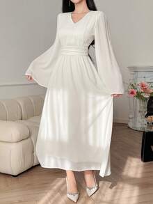 DAZY Váy dài vừa phải, tay loe, cổ chữ V màu trơn, nhún eo thanh lịch dành cho nữ - trắng - Xem 4