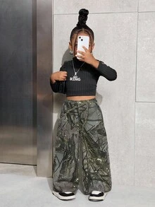 SHEIN Young Girl Y2K 迷彩與樹枝印花寬鬆版型拉鍊牛仔褲，秋季服飾、冬季服飾、街頭穿搭、返校穿搭 - 軍綠色 - 查看 5