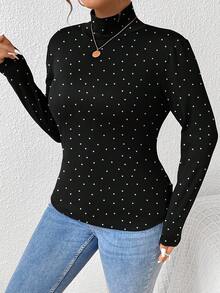 SHEIN Frenchy 大码女式休闲简约全宽白色波尔卡圆点印花图案高领长袖 T 恤女式黑色 T 恤长袖上衣女式长袖上衣波尔卡圆点上衣 - 彩色 - 查看 5