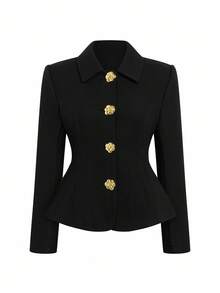 Sweetra 大码束腰金属纽扣大衣 - 黑色 - 查看 1