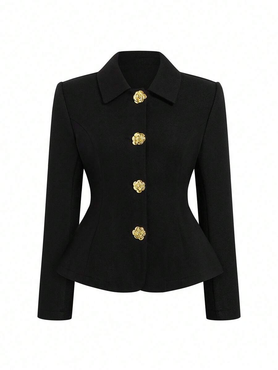 Sweetra 大码束腰金属纽扣大衣 - 黑色 - 查看 1