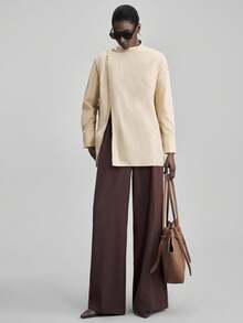 Ontre 2026春夏女士优雅长袖衬衫，适合独立日、海滩、度假、毕业典礼、办公室、商务、休闲等场合，纯色，侧开衩下摆，百搭 - 杏色 - 查看 4